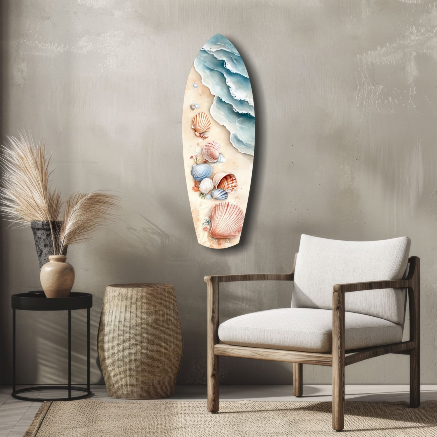 Surfboard-shaped glass wall art with layered blue waves at top and colorful seashells on cream background, displayed above wooden chair in coastal room setting.