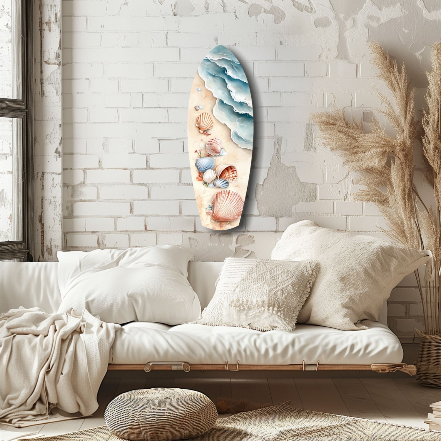 Surfboard-shaped glass wall art featuring layered blue waves and colorful seashells on cream background, displayed above white bedding in coastal bedroom setting.
