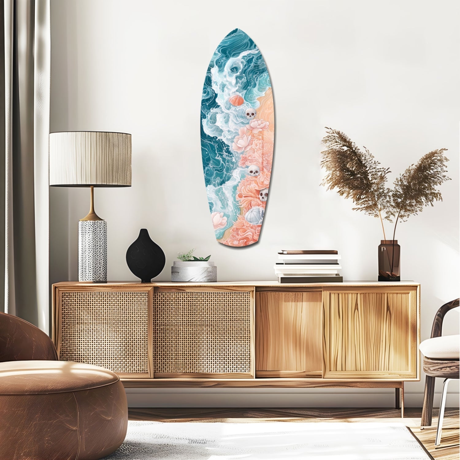 Eternal Tides glass wall art displayed above wooden credenza, featuring turquoise ocean waves and coral reef design.