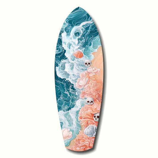 Surfboard-shaped glass art featuring ocean waves in teal and white, coral sand, shells, flowers, and skulls in a vertical composition.