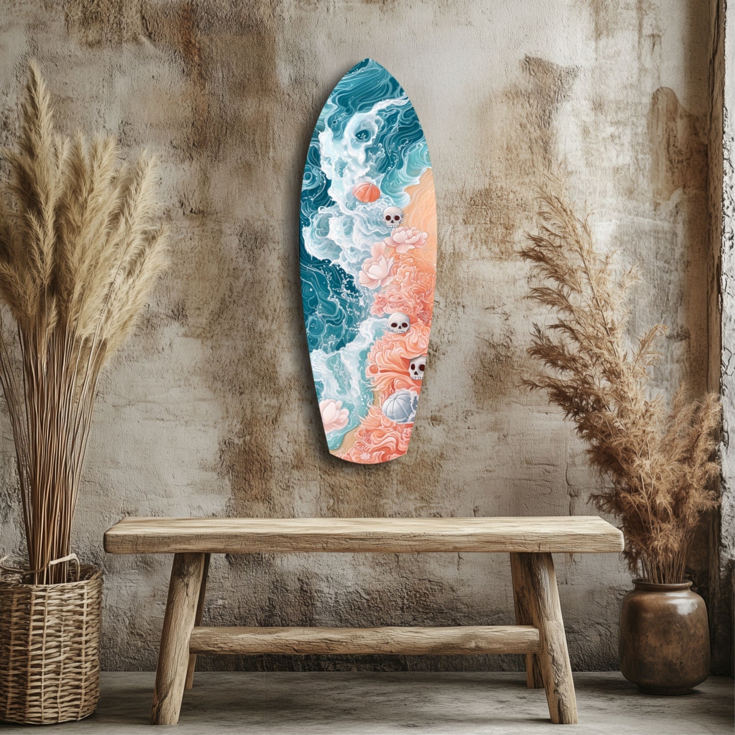 Surfboard-shaped glass wall art with teal ocean waves and coral pink clouds featuring small white skulls, displayed above wooden bench against textured wall.