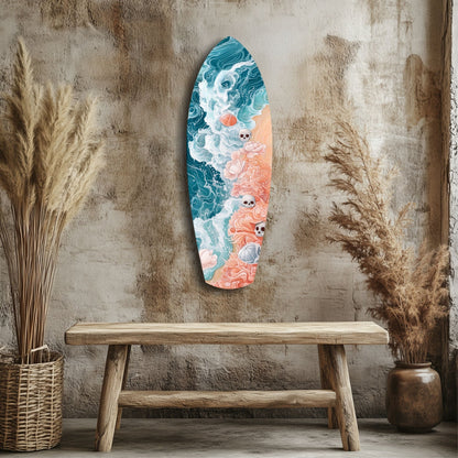 Surfboard-shaped glass wall art with teal ocean waves and coral pink clouds featuring small white skulls, displayed above wooden bench against textured wall.
