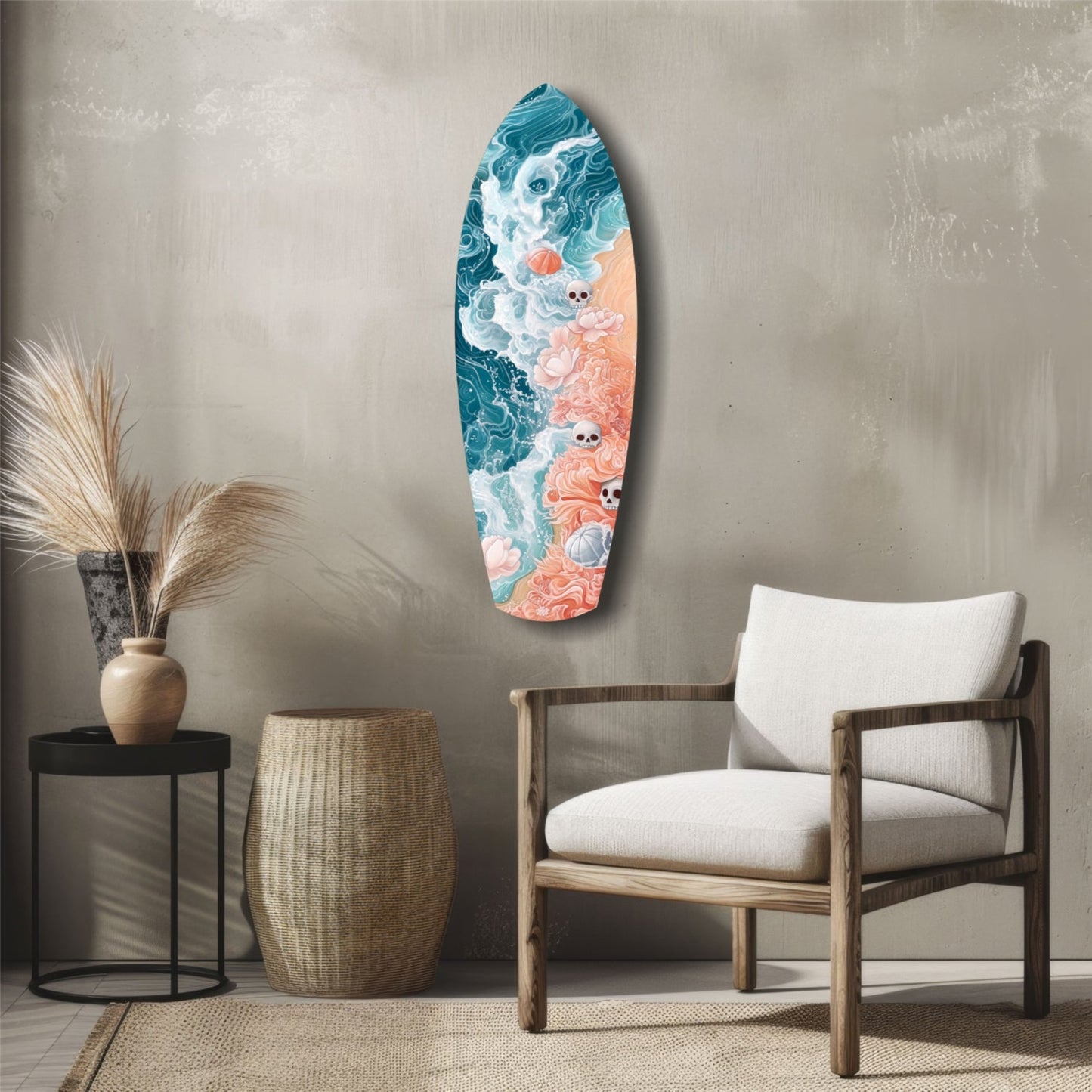 Surfboard-shaped glass wall art with teal ocean waves, coral pink coral, and white foam designs, displayed in a modern living room interior.