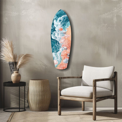 Surfboard-shaped glass wall art with teal ocean waves, coral pink coral, and white foam designs, displayed in a modern living room interior.