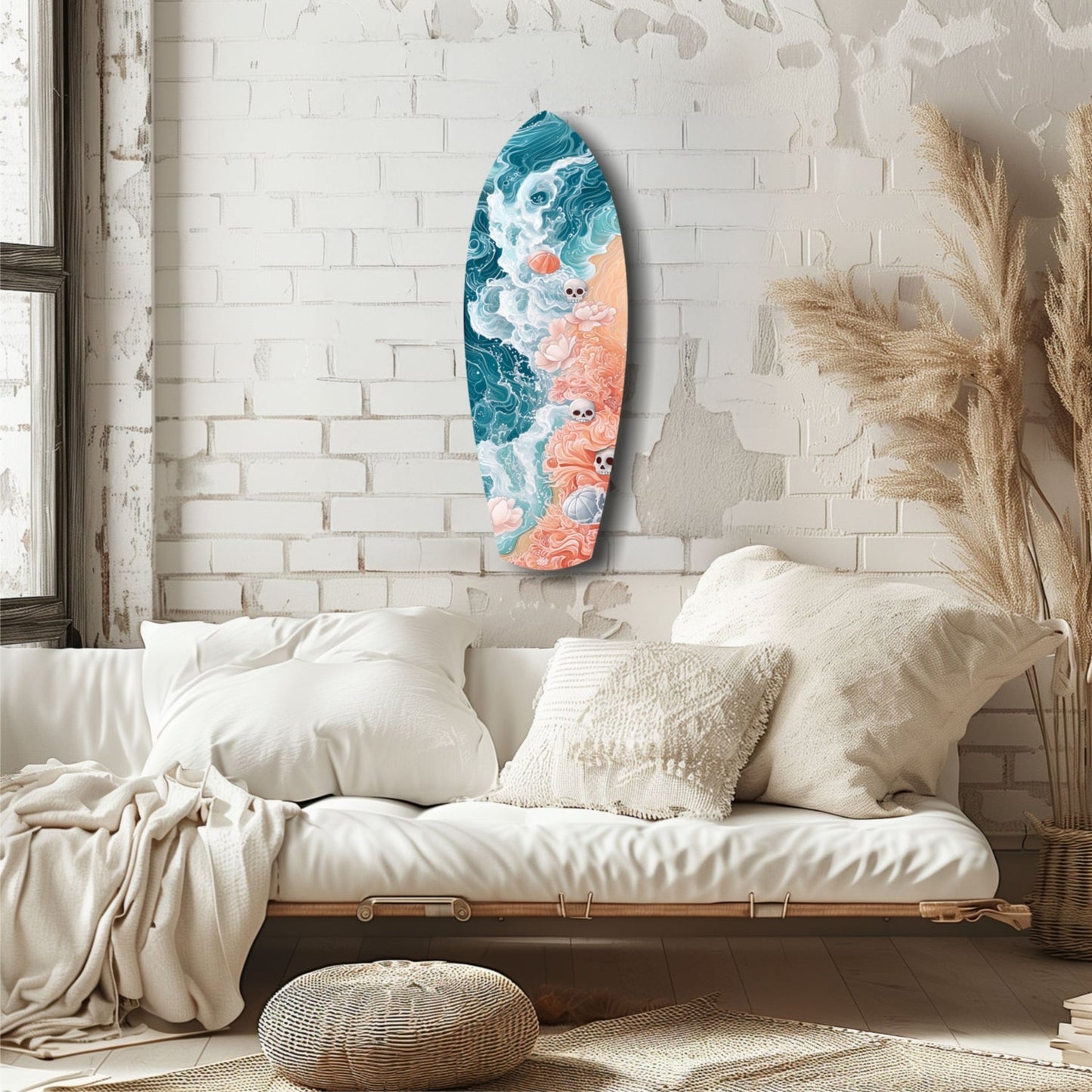 Eternal Tides glass wall art displayed above a cream-upholstered daybed, featuring teal and coral ocean wave designs with small skull motifs.