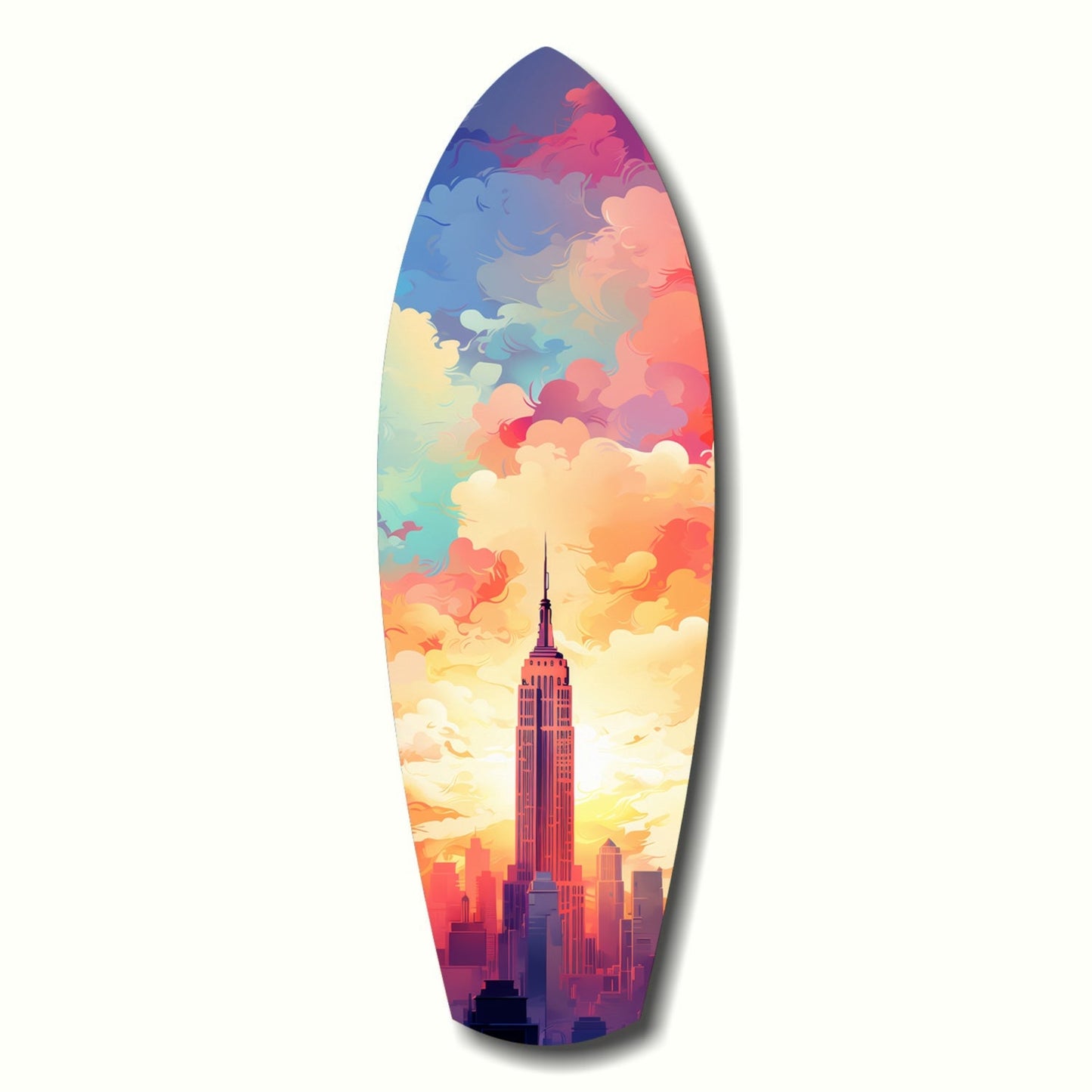Surfboard-shaped glass art featuring Empire State Building silhouette against vibrant gradient sky in blues, pinks, oranges, and yellows.
