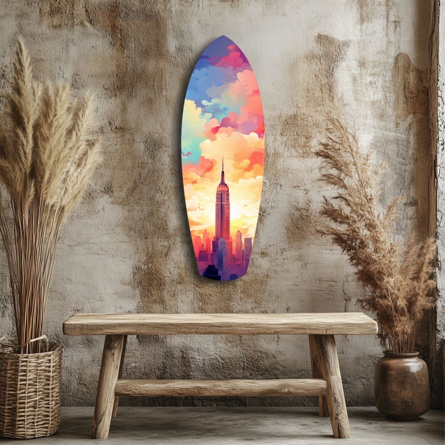 Colorful glass wall art depicting Empire State Building at sunset displayed above wooden bench in rustic interior setting.