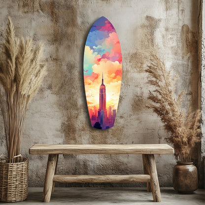 Colorful glass wall art depicting Empire State Building at sunset displayed above wooden bench in rustic interior setting.