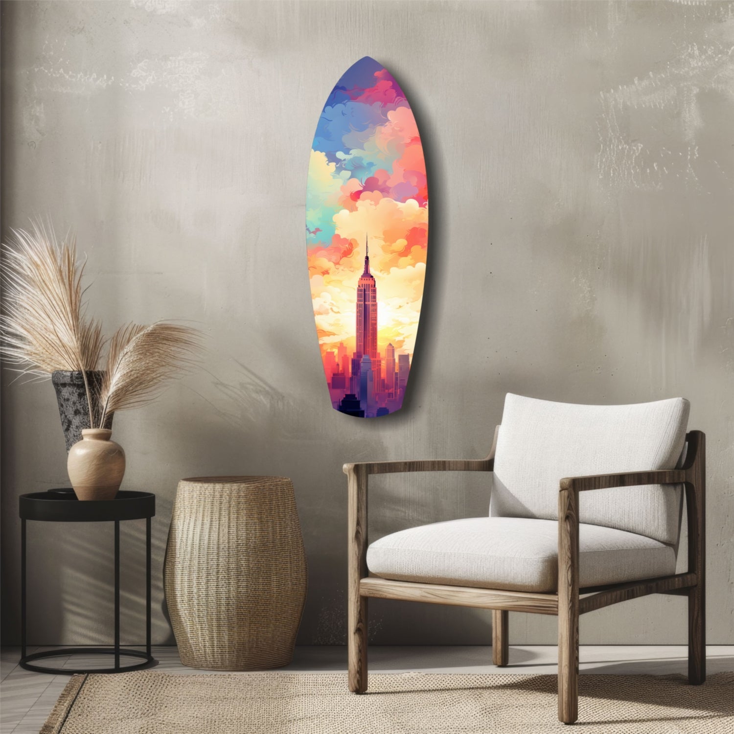Colorful glass wall art featuring a vibrant sunset cityscape with Empire State Building displayed above a wooden chair and side table.