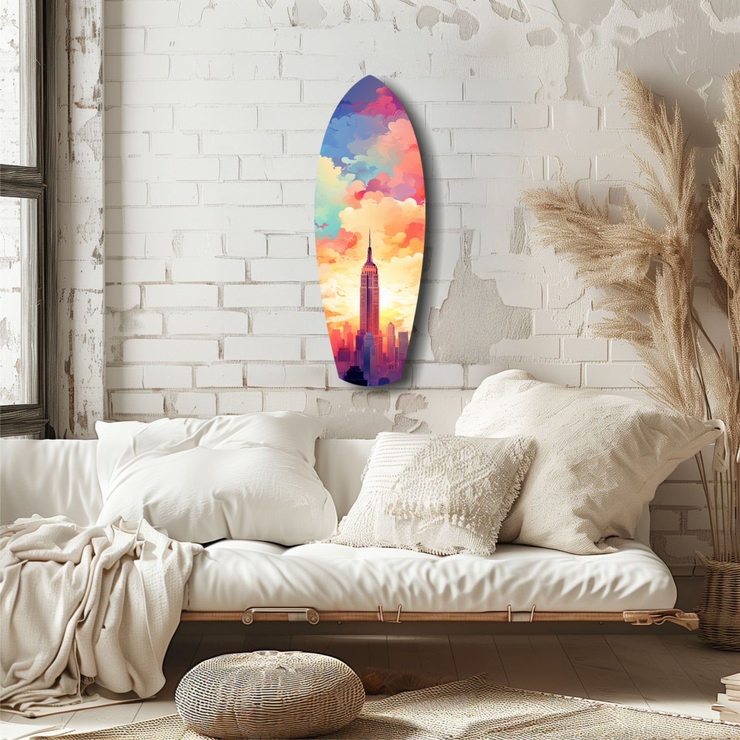 Colorful glass wall art featuring Empire State Building silhouette against vibrant rainbow sky, displayed above white bedding in minimalist bedroom.