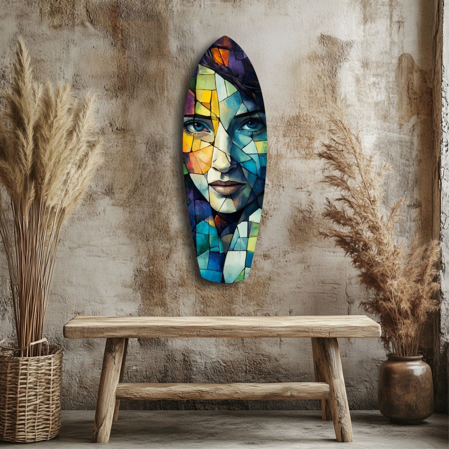 Colorful stained glass portrait with geometric segments displayed on rustic wall above wooden bench with dried grasses.