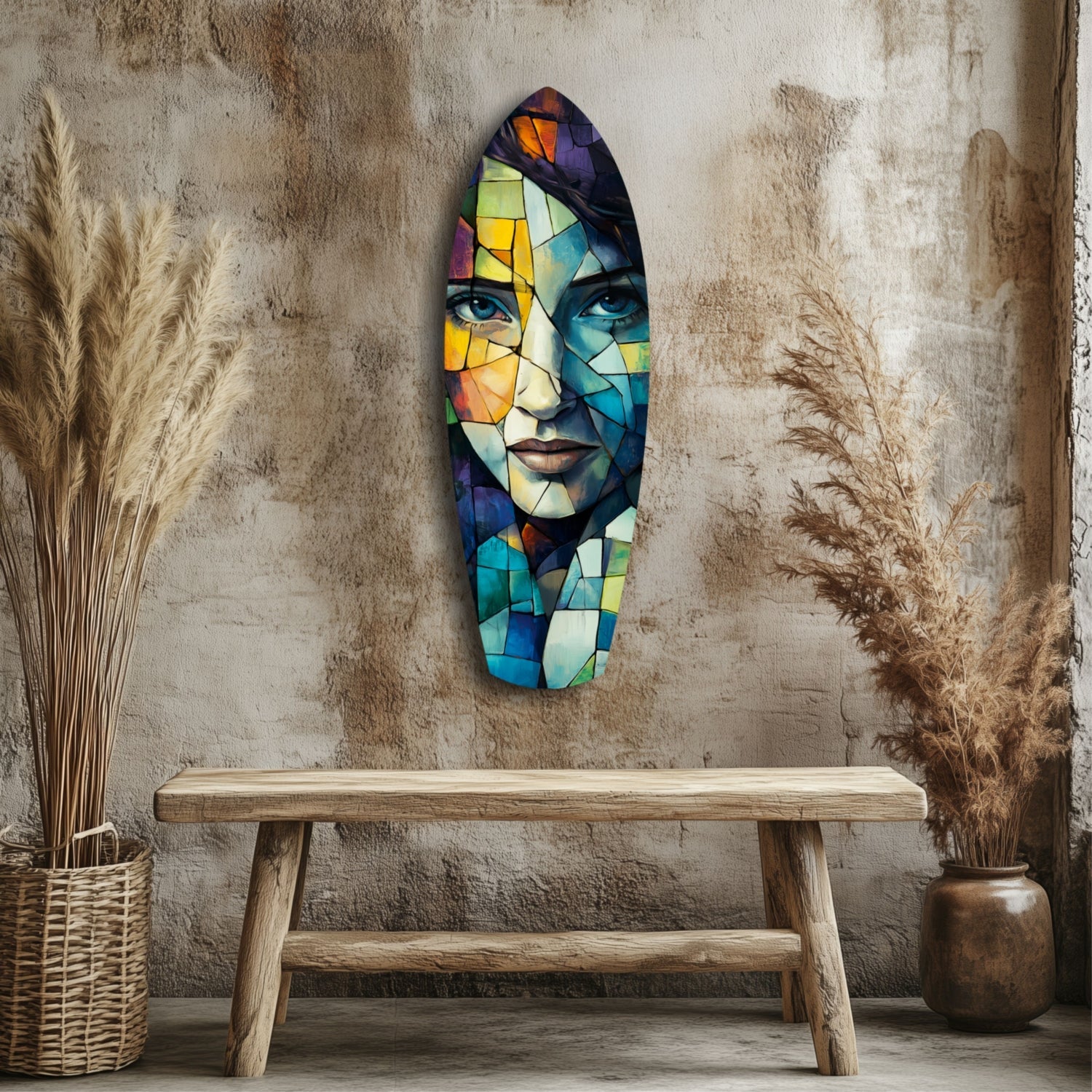 Colorful stained glass portrait with geometric segments displayed on rustic wall above wooden bench with dried grasses.