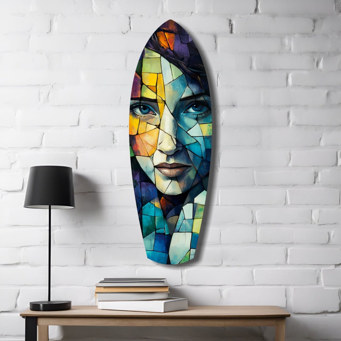 Colorful stained glass wall art depicting a fragmented female face in multicolored geometric patterns, displayed on white brick above a wooden table with lamp and books.
