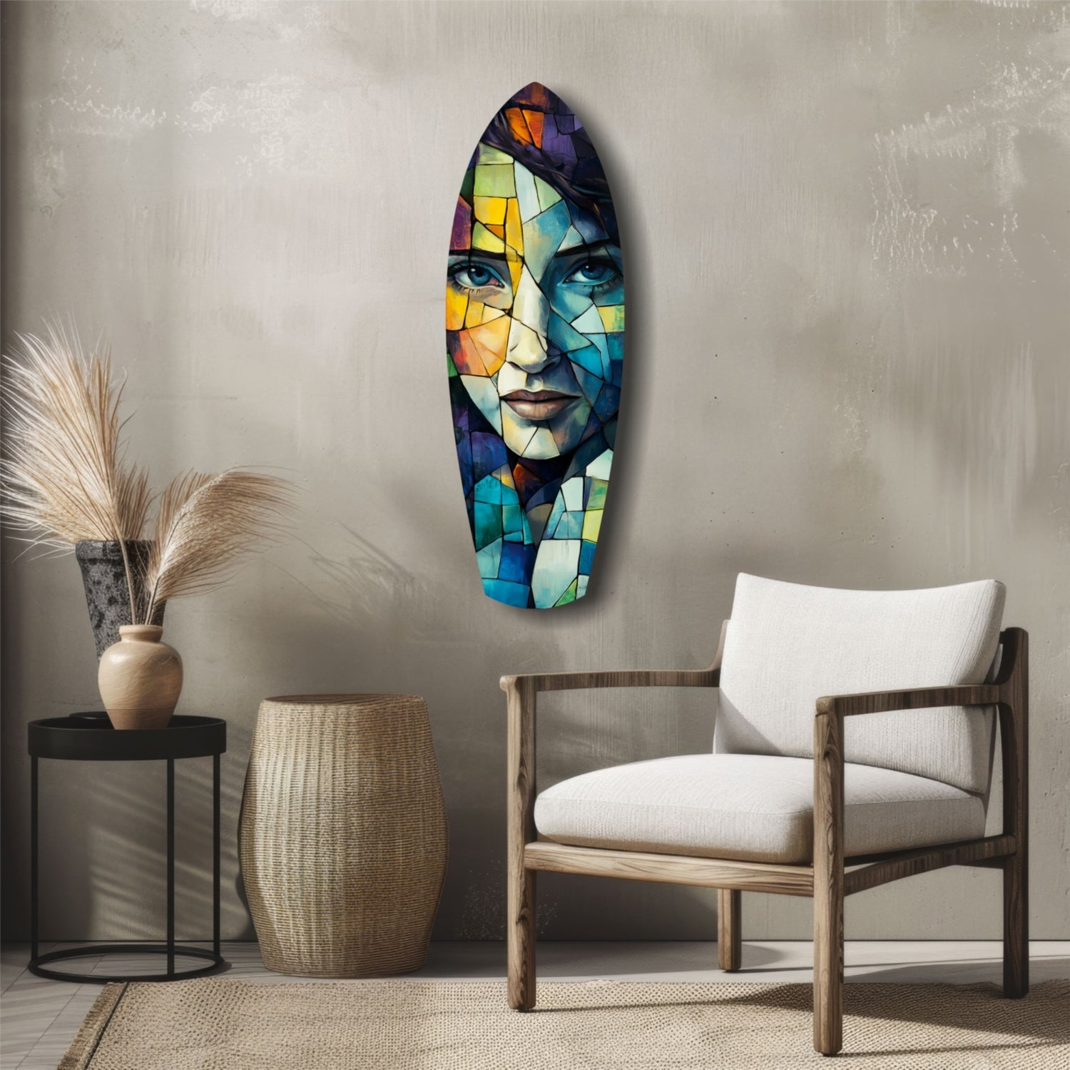 Colorful stained glass-style portrait wall art displayed above wooden chair and side table in minimalist interior setting.