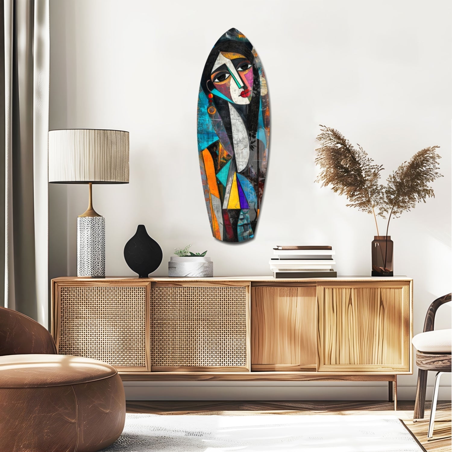 Cubist Muse glass wall art displayed above wooden sideboard in modern living room interior, showing colorful geometric portrait with black, blue, orange, and pink sections.