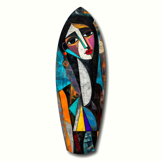 Cubist Muse Glass Wall Art featuring a stylized female face with geometric facets in turquoise, orange, yellow, and white on an elongated oval panel.