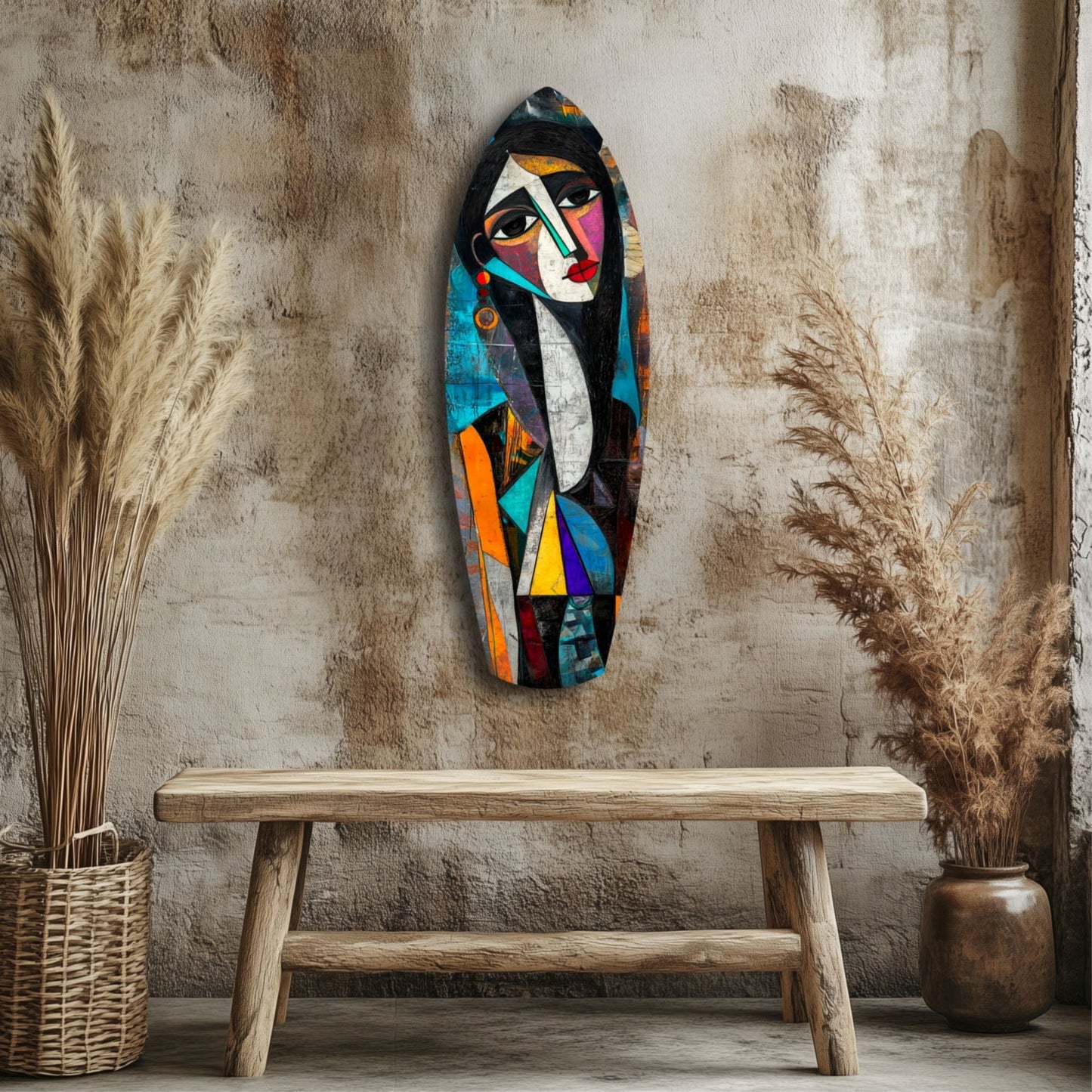 Colorful abstract glass wall art depicting a cubist face in blues, oranges, and blacks, displayed above a wooden bench in a styled room with dried grasses.