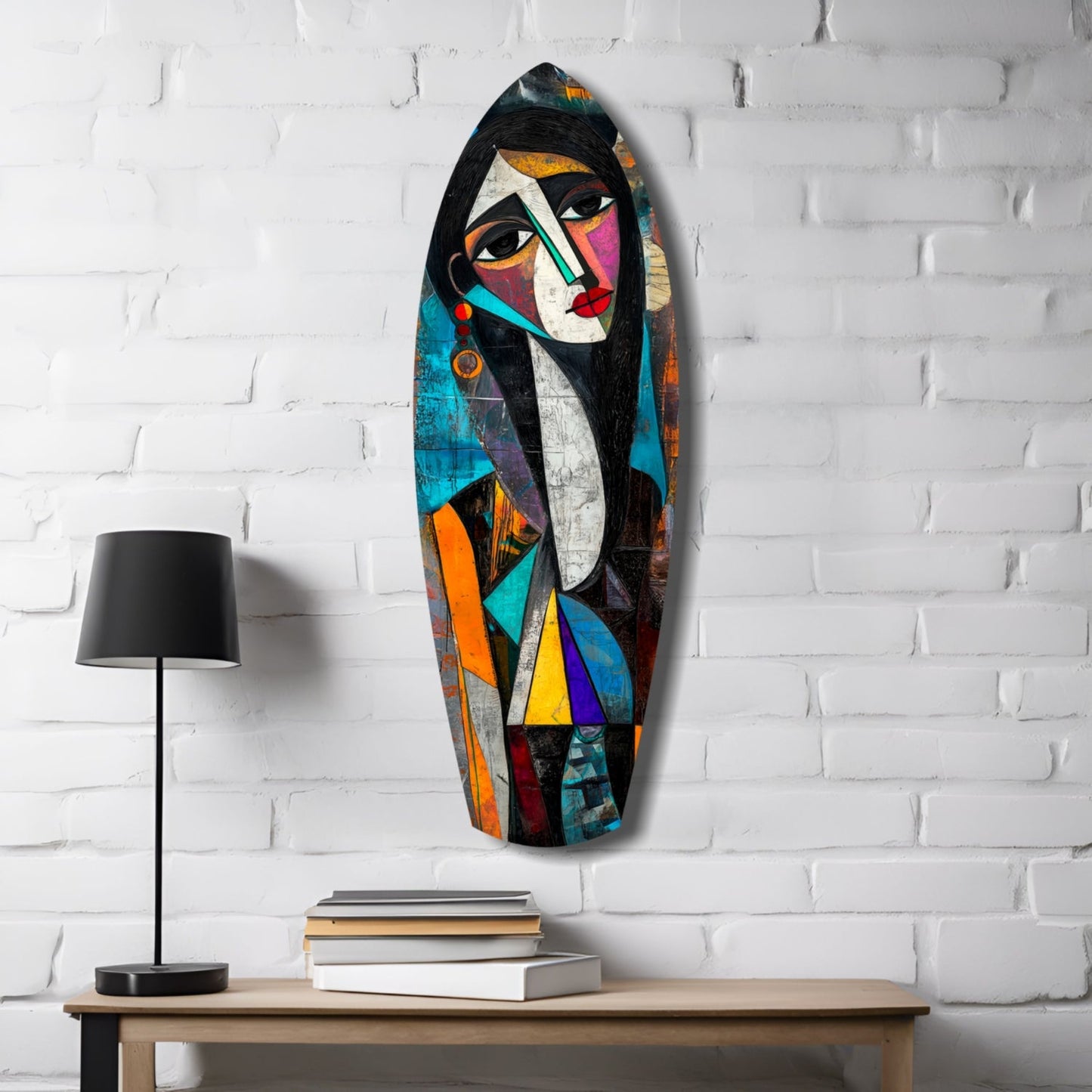 Cubist Muse Glass Wall Art hung on white brick wall above wooden desk with lamp and stacked books, featuring colorful geometric female portrait.