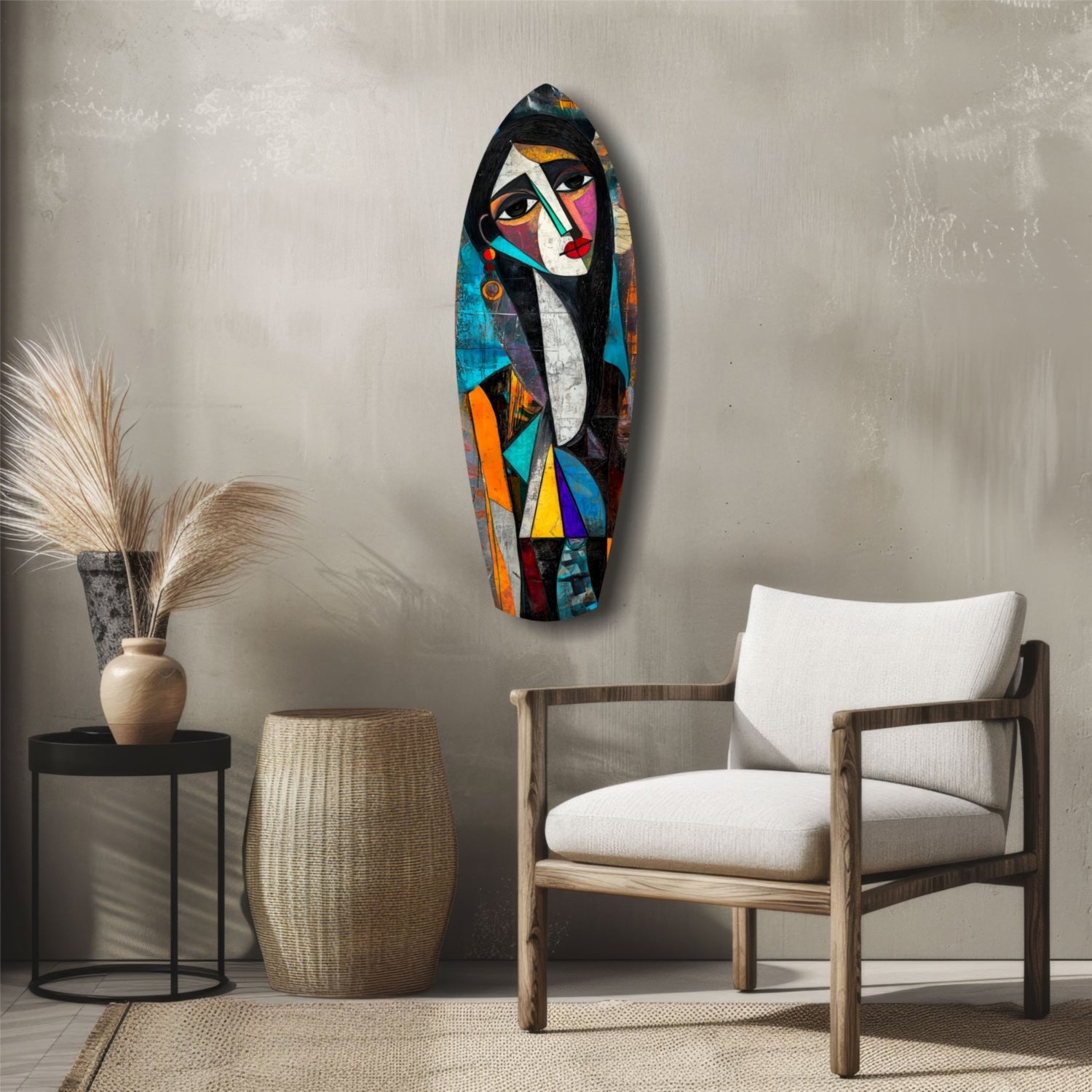 Cubist Muse glass wall art displayed above wooden chair in minimalist interior with neutral tones and geometric face design in blue, orange, and pink.