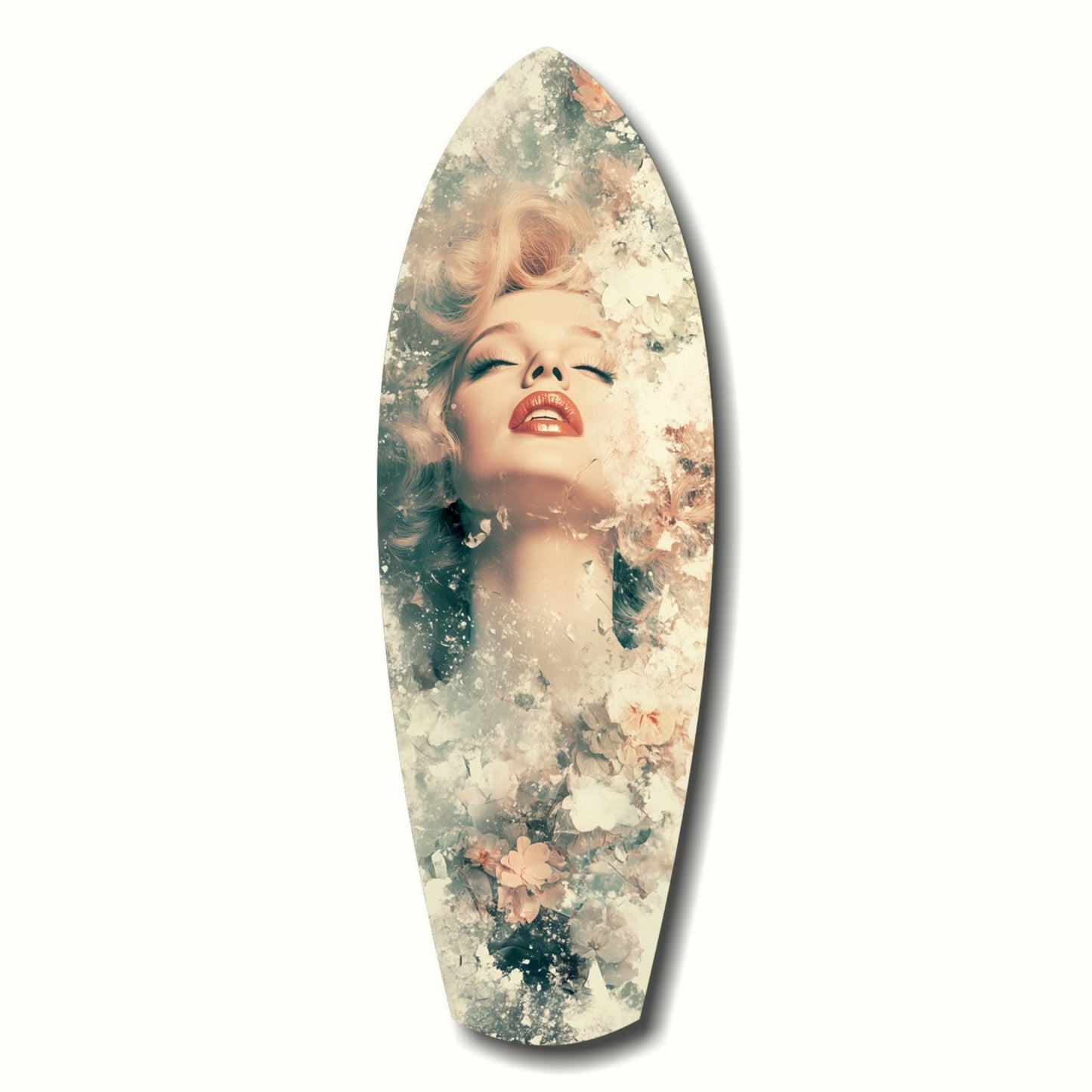 Oval glass wall art featuring a woman's portrait with blonde waves and red lips surrounded by soft floral imagery in muted pastels.