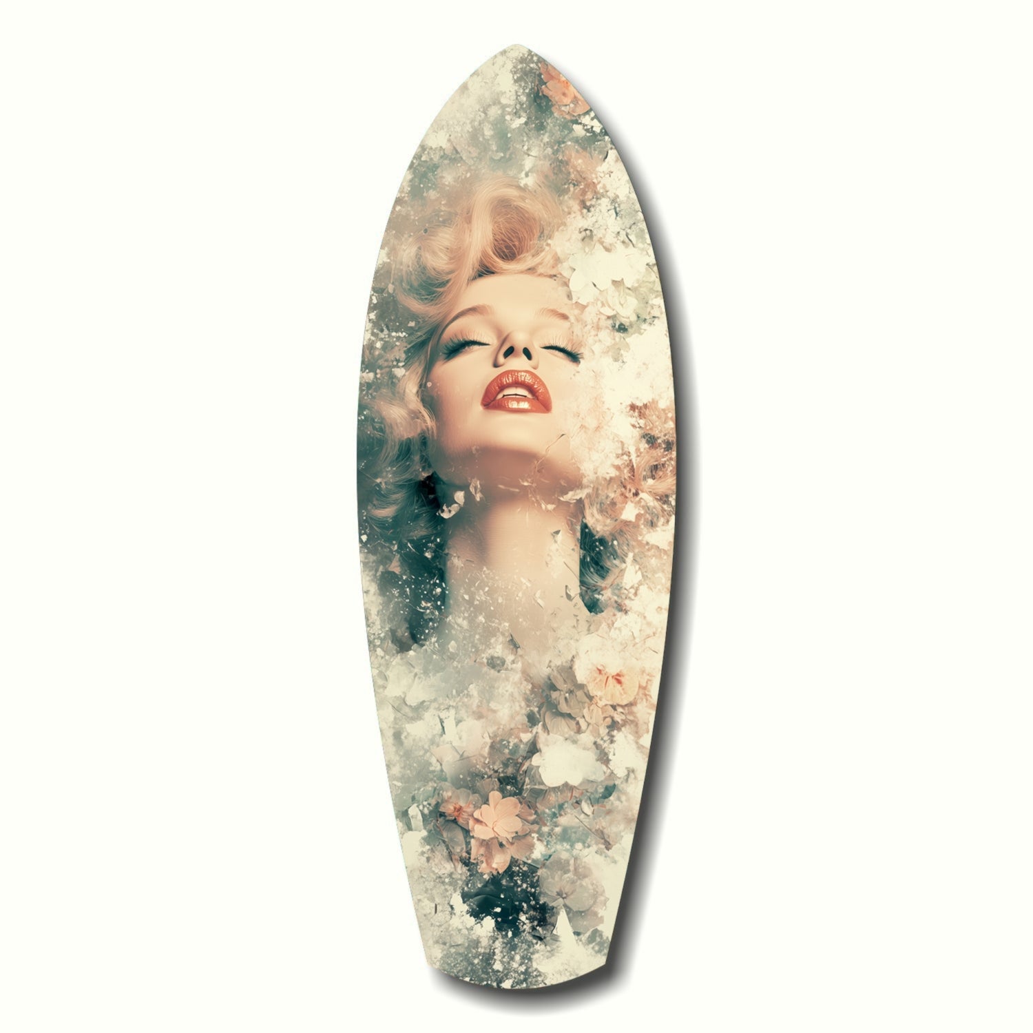 Oval glass wall art featuring a woman's portrait with blonde waves and red lips surrounded by soft floral imagery in muted pastels.