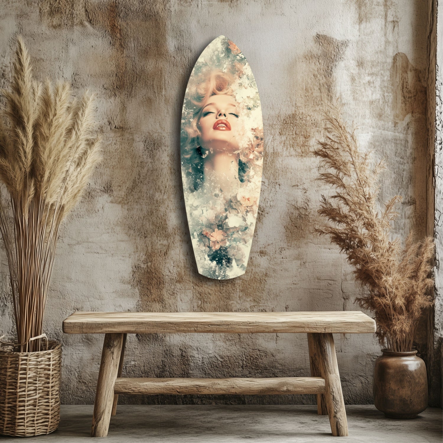 Oval glass wall art featuring a woman's portrait with floral overlay displayed above wooden bench in textured room.