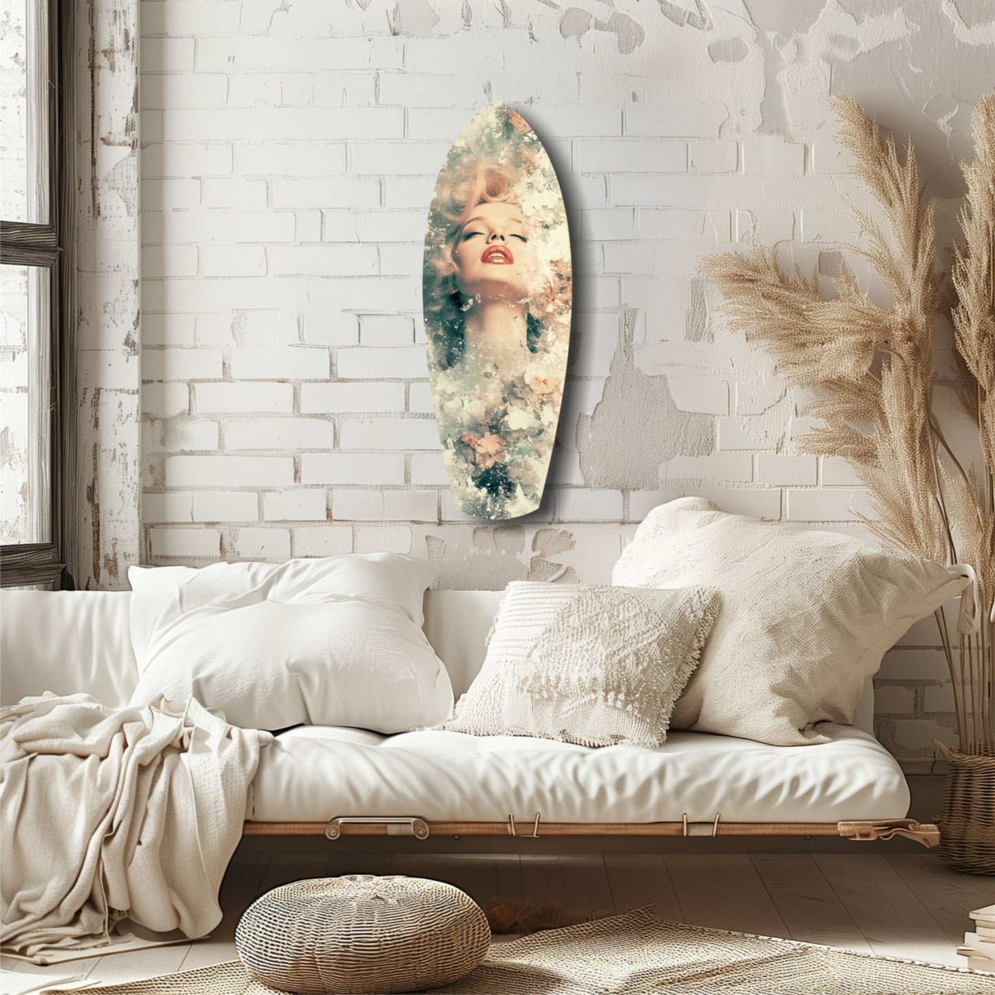 Oval glass wall art depicting a blonde woman's face with floral overlay mounted on white brick above a cream-colored daybed.