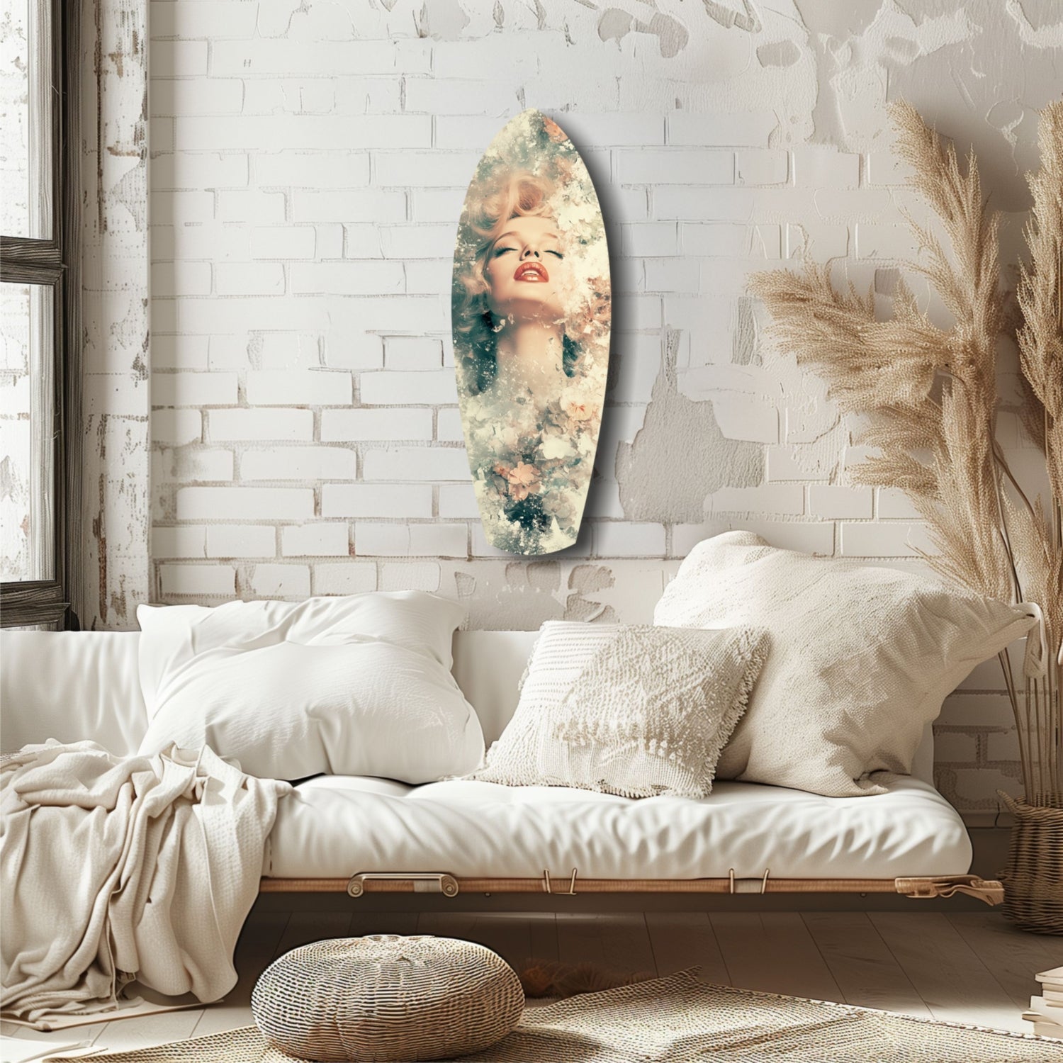 Oval glass wall art depicting a blonde woman's face with floral overlay mounted on white brick above a cream-colored daybed.