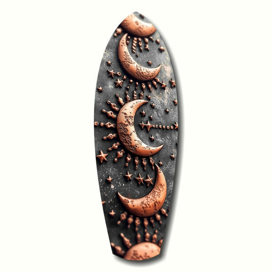 Vertical glass panel with copper crescent moons and stars in relief against dark gray background.