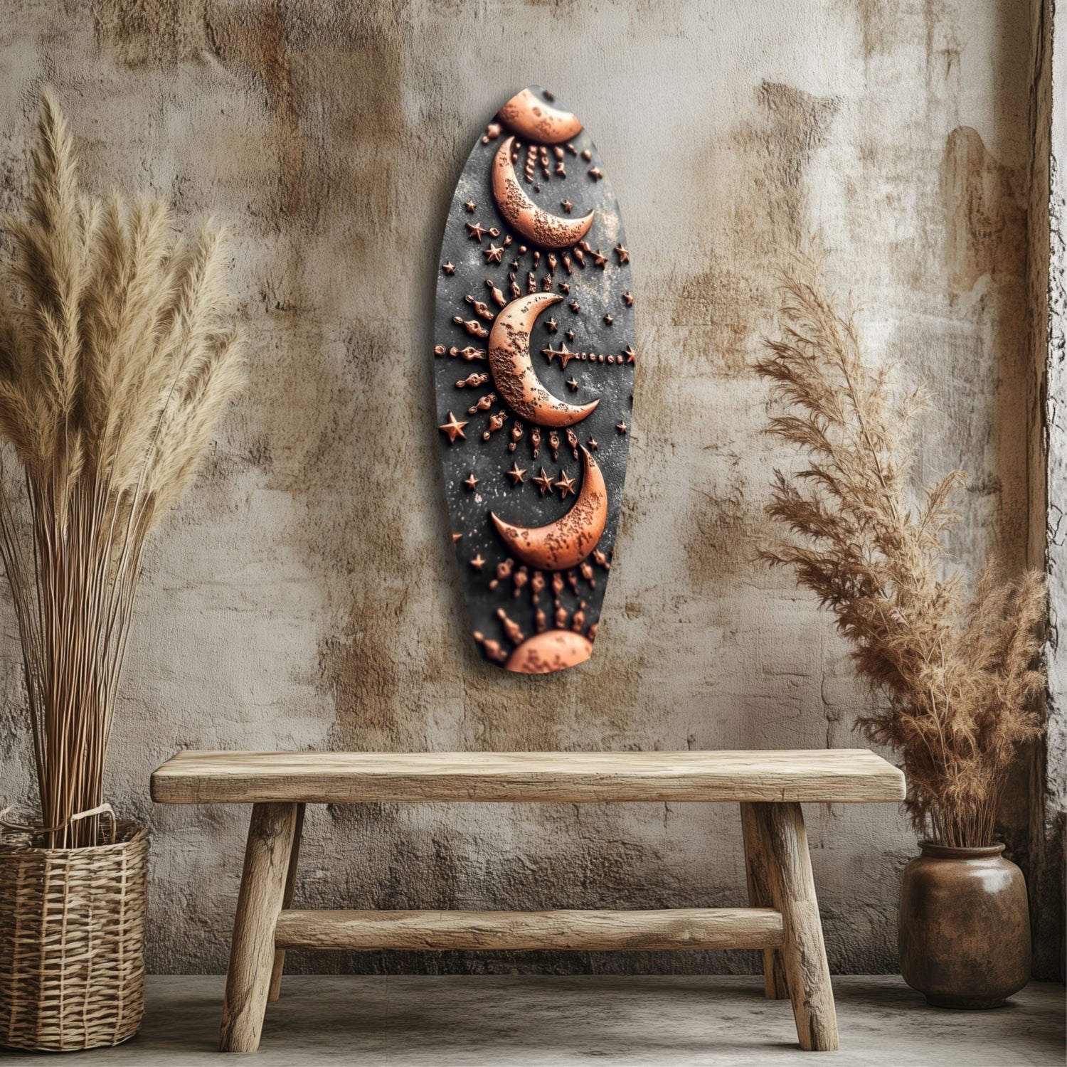 Lunar Order Glass Wall Art hanging on textured concrete wall above wooden bench, featuring copper moons and stars on dark glass.