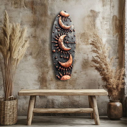 Lunar Order Glass Wall Art hanging on textured concrete wall above wooden bench, featuring copper moons and stars on dark glass.