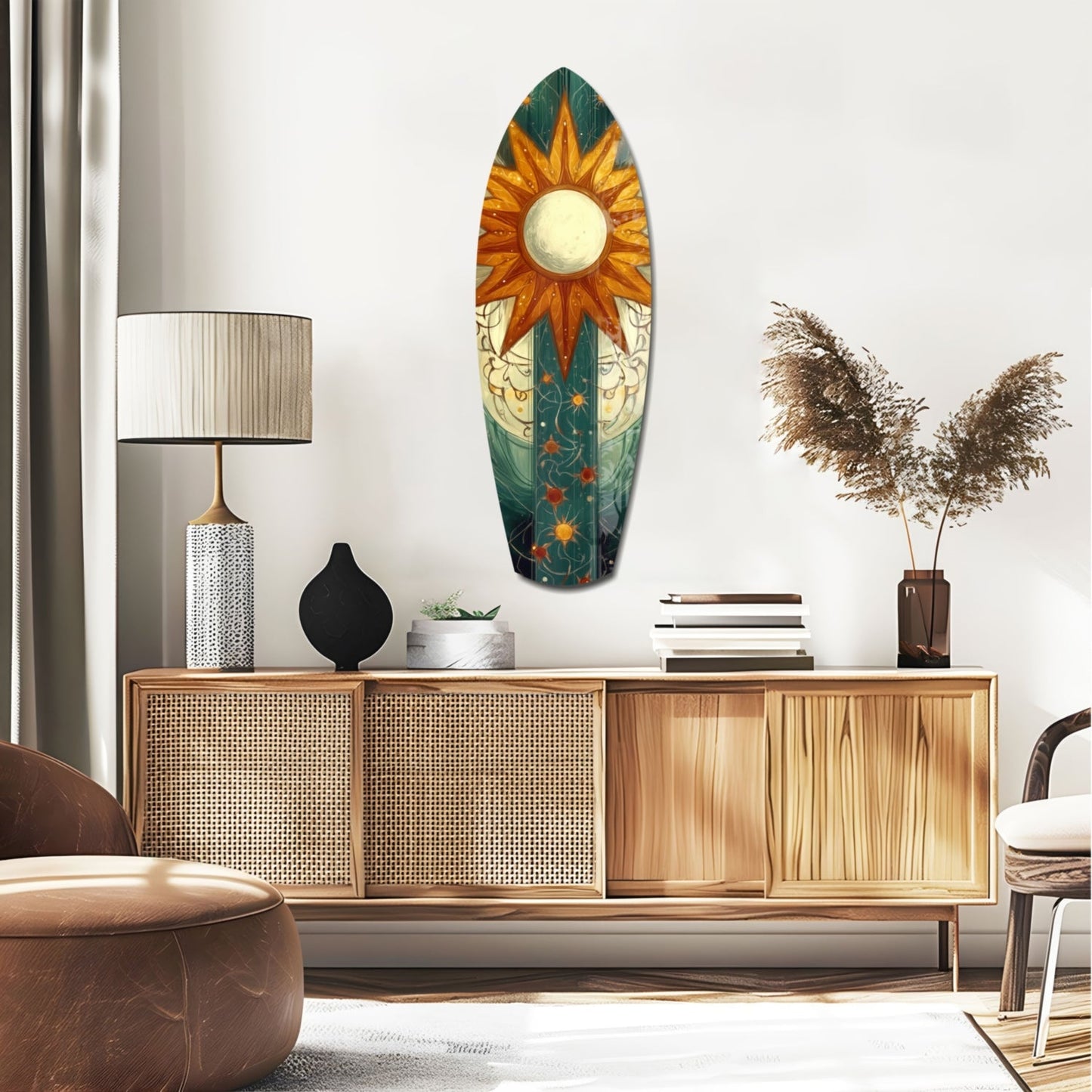 Radiant Horizon Glass Wall Art displayed above a wooden credenza in a modern living room interior, showing sun and celestial design in gold, teal, and cream colors.
