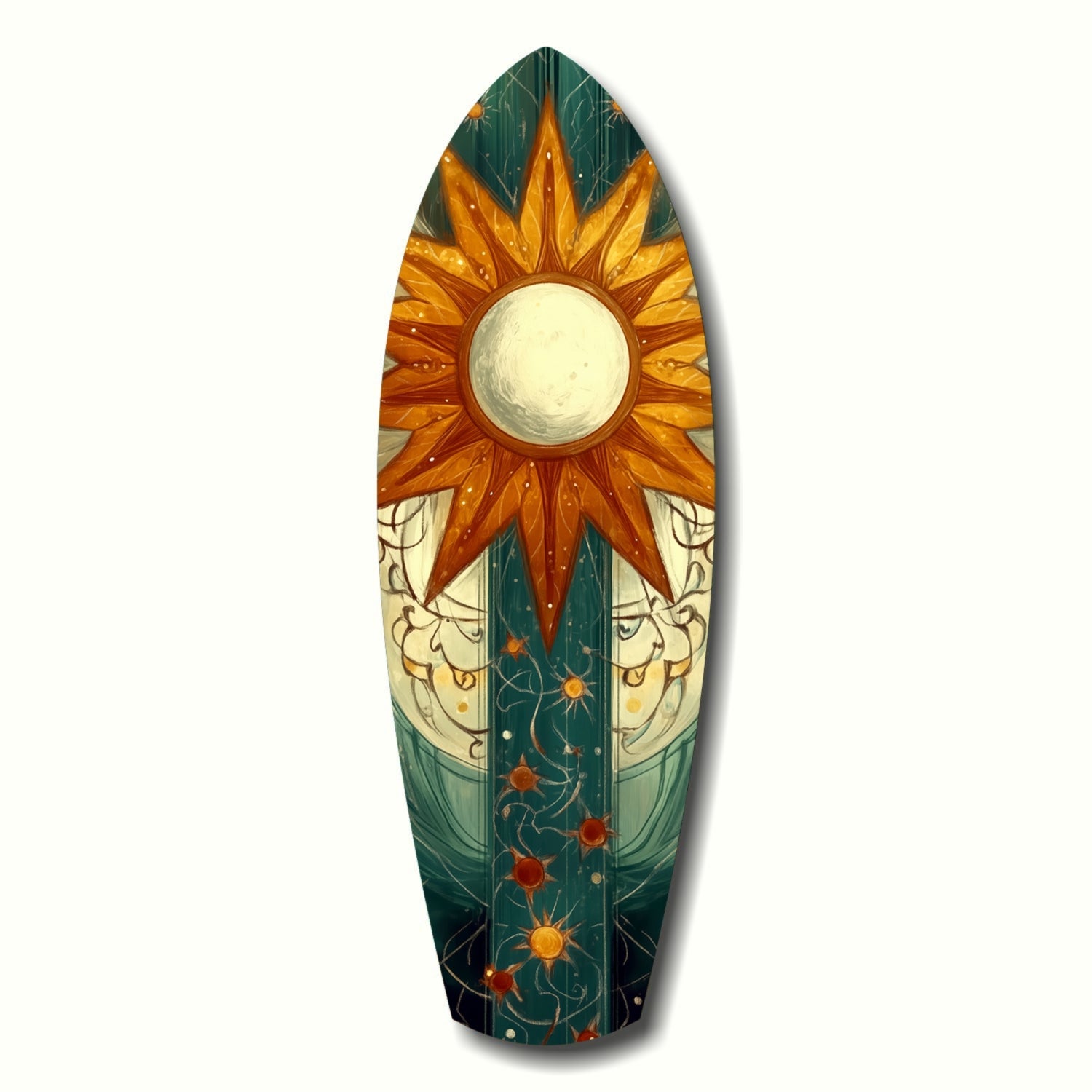 Vertical oval glass art panel featuring a luminous sun with golden rays against teal background and decorative floral motifs below.