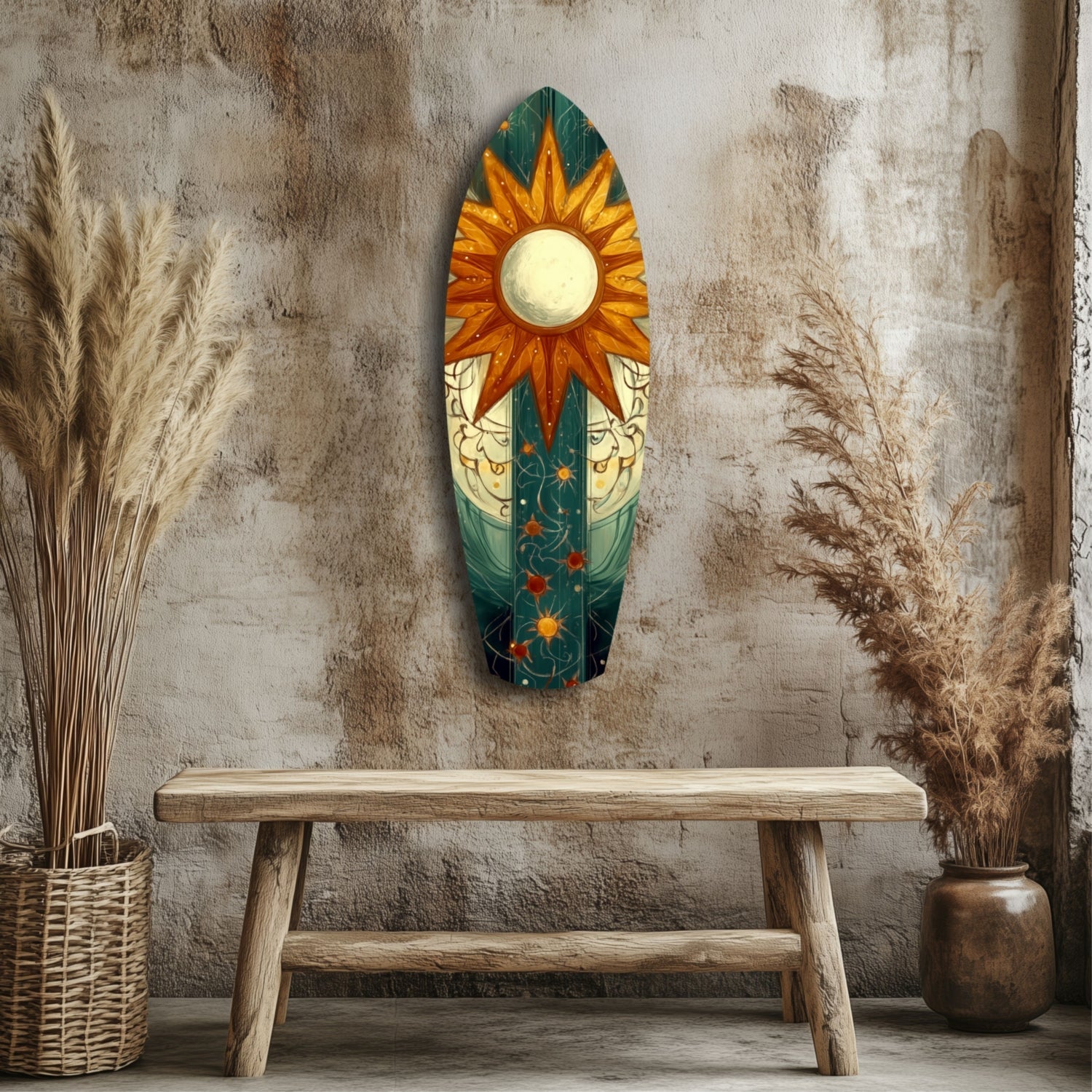 Radiant Horizon Glass Wall Art displayed above wooden bench against textured wall, featuring golden sun, green background, and celestial design.