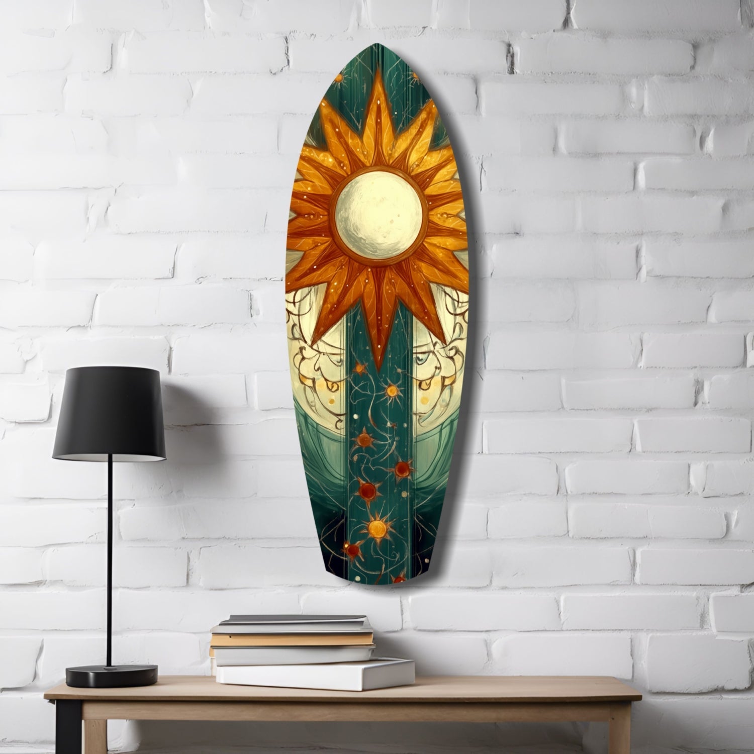 Oval glass wall art featuring a golden sun with orange rays and green botanical elements displayed above a wooden shelf with a black lamp and stacked books.