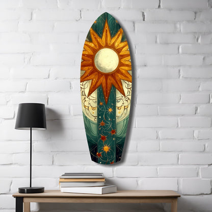 Oval glass wall art featuring a golden sun with orange rays and green botanical elements displayed above a wooden shelf with a black lamp and stacked books.