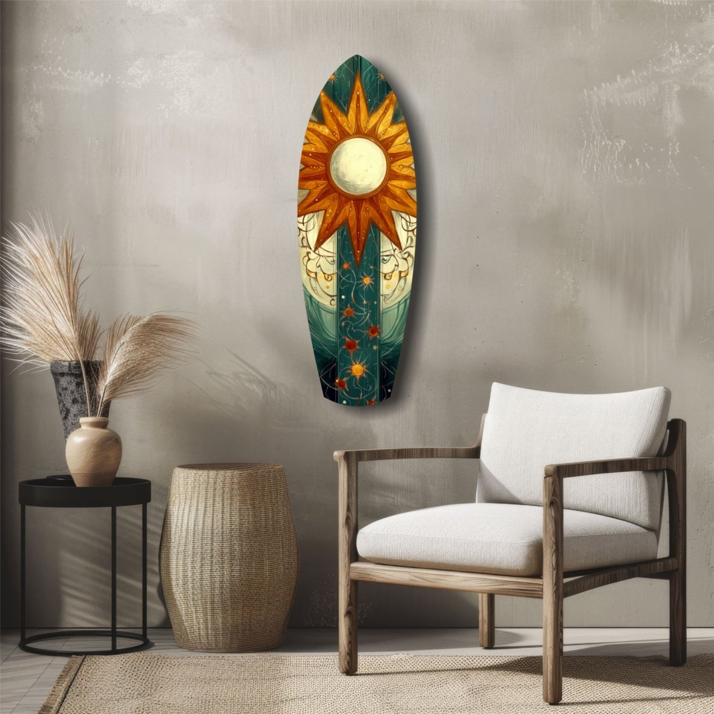 Radiant Horizon Glass Wall Art displayed on a neutral wall above a wooden chair, featuring a sunburst design in gold and orange with teal and cream accents.