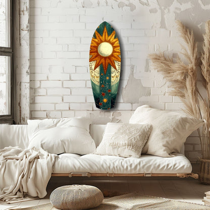 Radiant Horizon glass wall art displayed above a white bedframe, featuring a sun motif with orange rays, teal and green sections, and celestial designs in a bedroom setting.