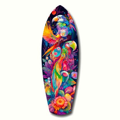 Vibrant surfboard-shaped glass art featuring colorful parrots, tropical flowers, and foliage on dark background.