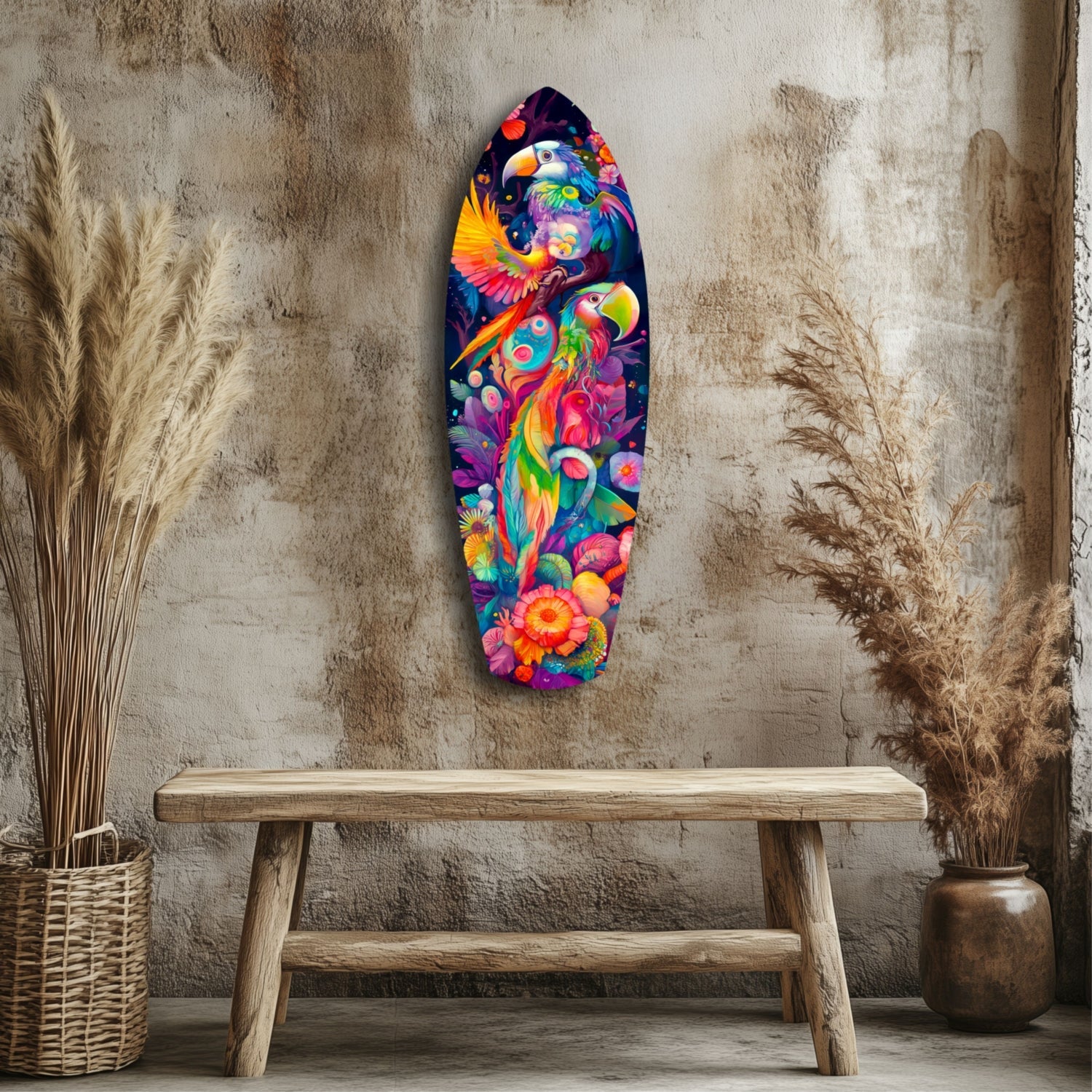 Colorful glass wall art featuring tropical parrots and flowers displayed above a wooden bench in a minimalist interior setting.