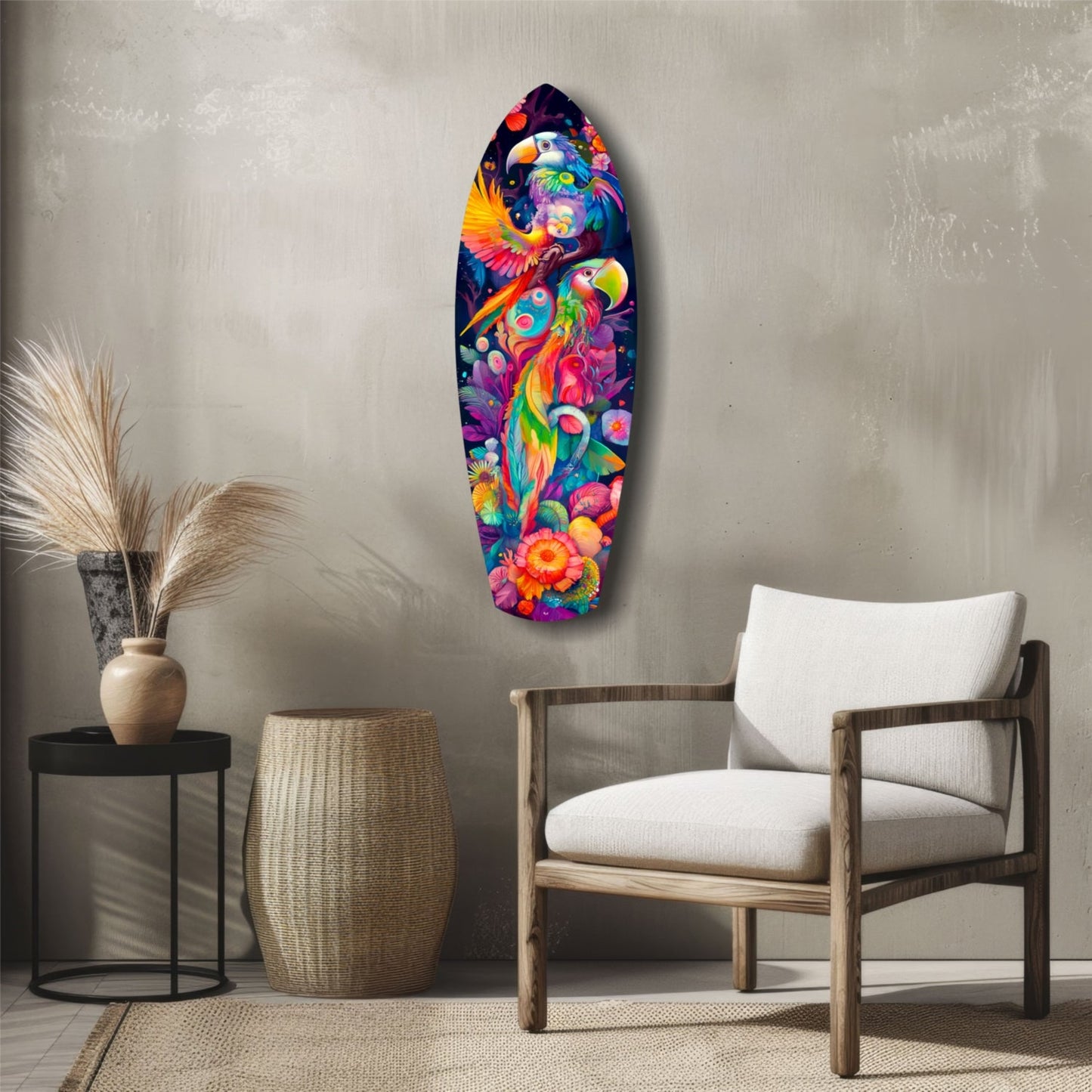 Colorful glass surfboard wall art featuring tropical birds and flowers displayed in a minimalist room with wooden chair and neutral décor.