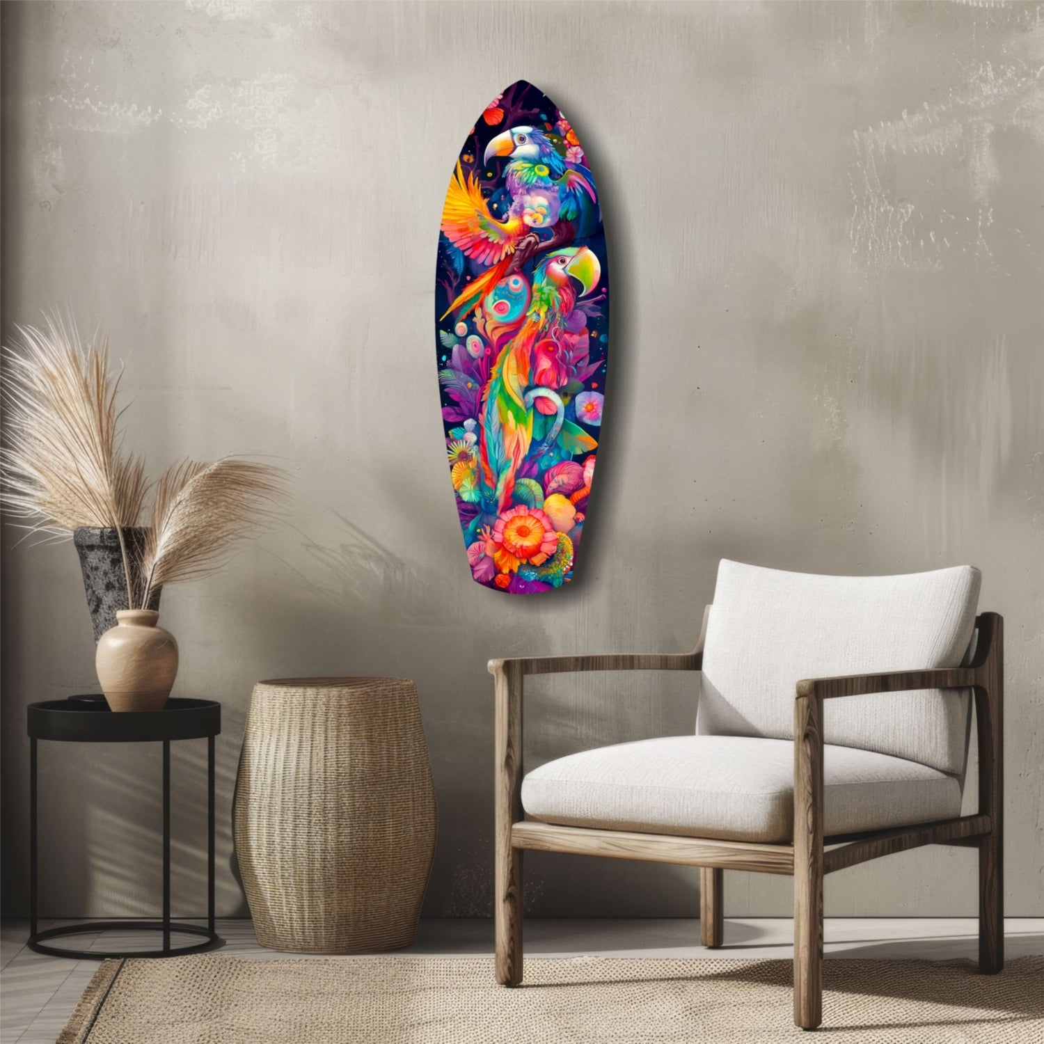 Colorful glass surfboard wall art featuring tropical birds and flowers displayed in a minimalist room with wooden chair and neutral décor.
