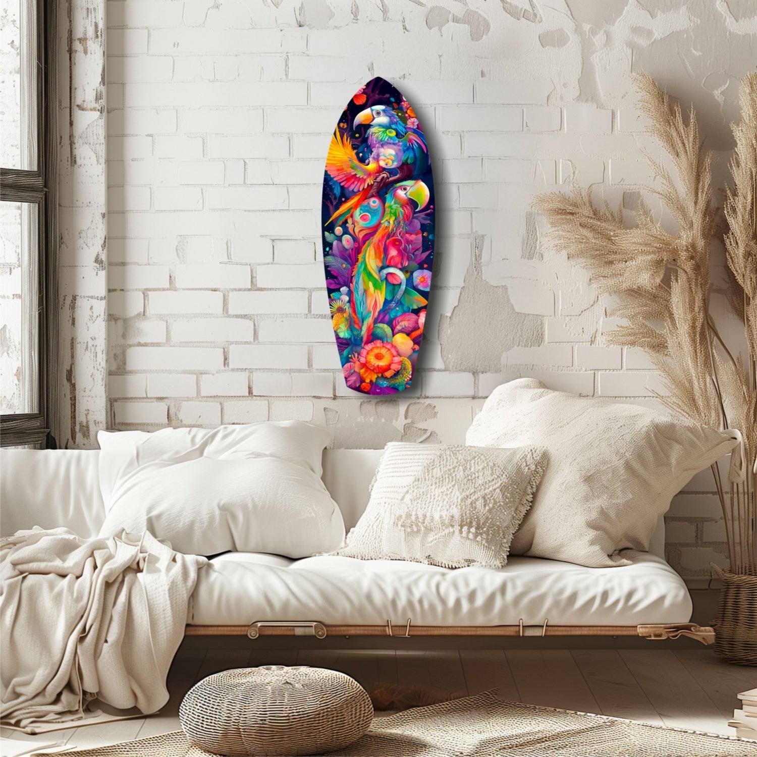 Colorful tropical glass wall art featuring vibrant birds and flowers displayed above a cream-colored bed in a minimalist bedroom.