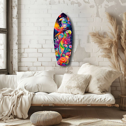 Colorful tropical glass wall art featuring vibrant birds and flowers displayed above a cream-colored bed in a minimalist bedroom.