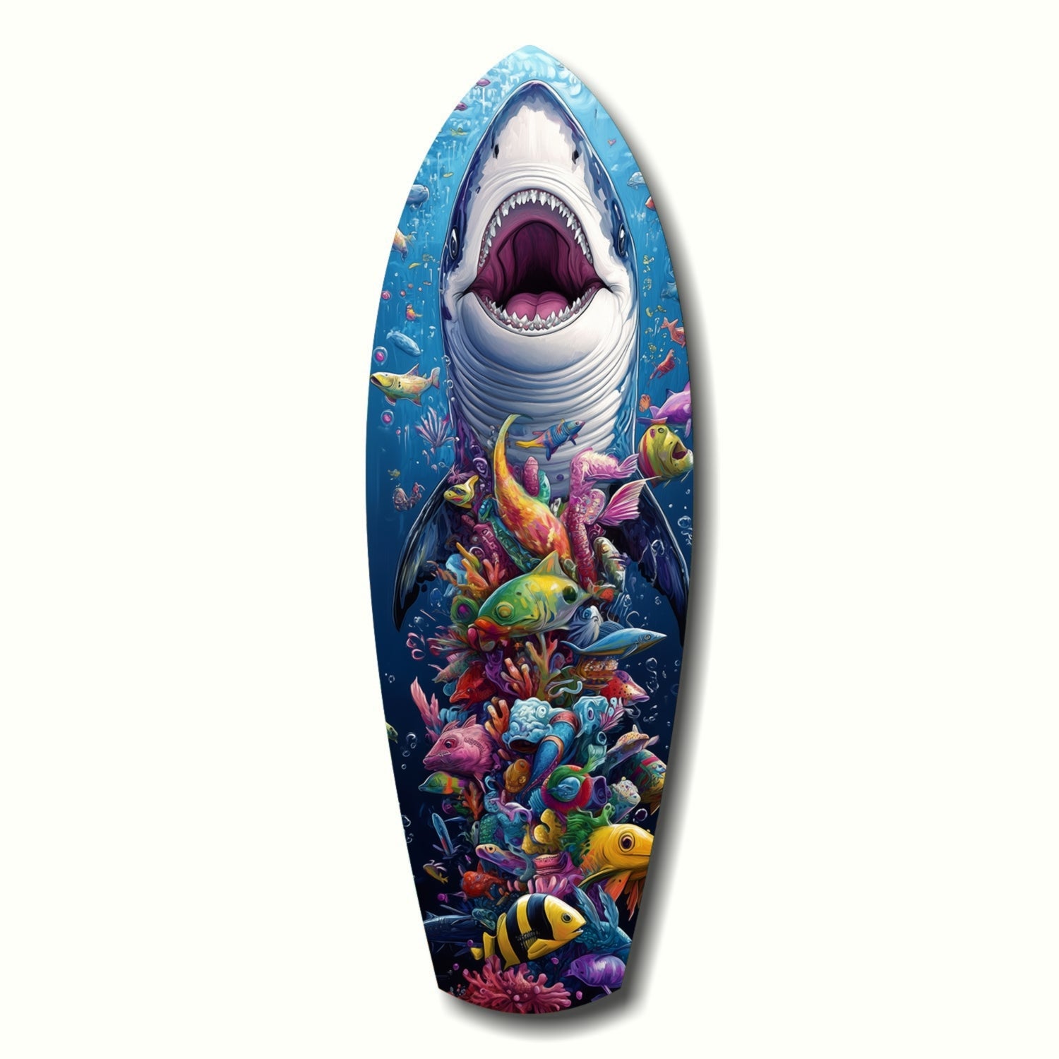 Surfboard-shaped glass art featuring a great white shark with open mouth above a vibrant coral reef ecosystem with colorful fish, displayed against white background.