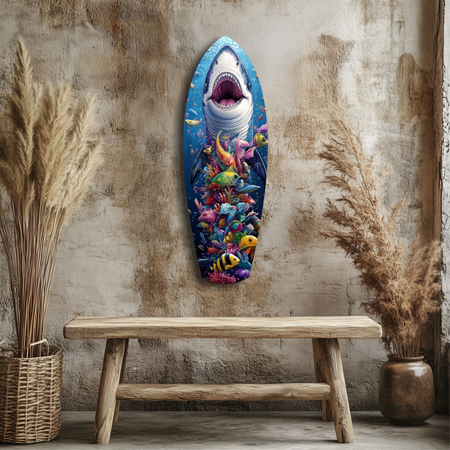 Shark-shaped glass wall art with colorful coral reef fish displayed above wooden bench against textured beige wall.