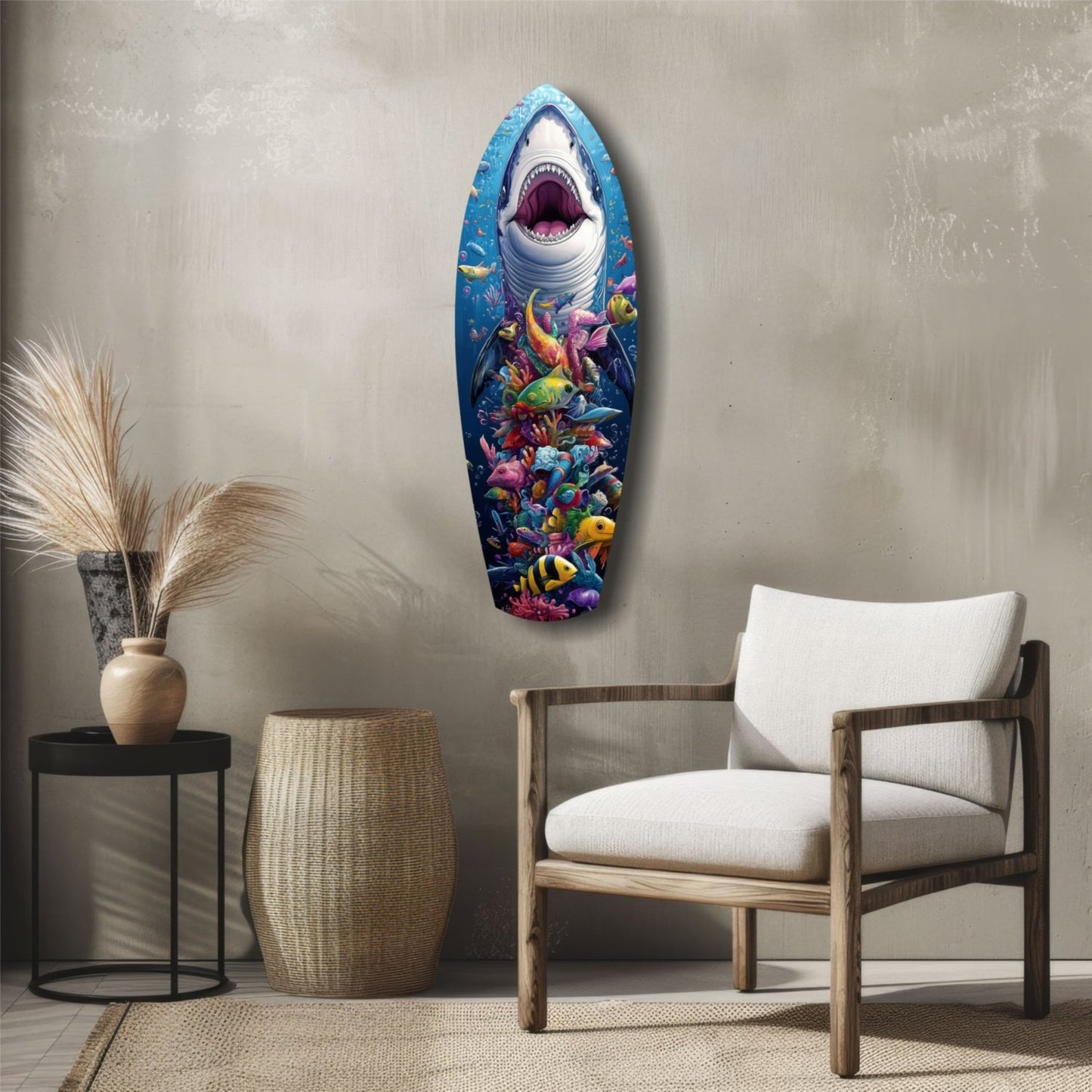 Oval surfboard-shaped glass wall art featuring a great white shark with open mouth above a colorful coral reef ecosystem, displayed in a modern living room setting.