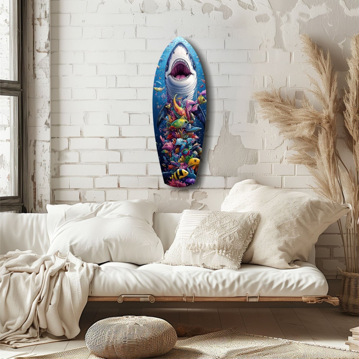 Colorful glass wall art depicting a shark with open mouth above coral and fish, mounted on white brick bedroom wall above white bedding.