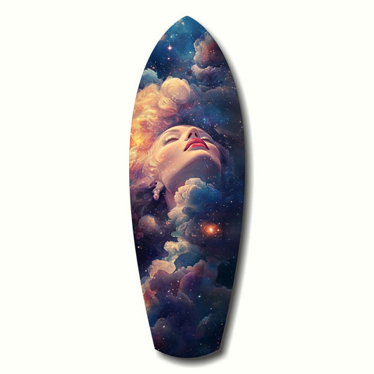 Elongated oval glass art piece featuring a woman's face tilted upward surrounded by luminous clouds and starry night sky in gold, purple, and blue tones.