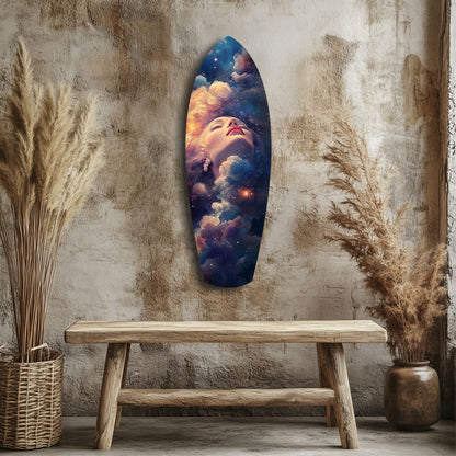 Celestial Dreamer glass wall art displaying a woman's face gazing upward through colorful clouds and stars, mounted on textured beige wall above wooden bench with dried grasses.